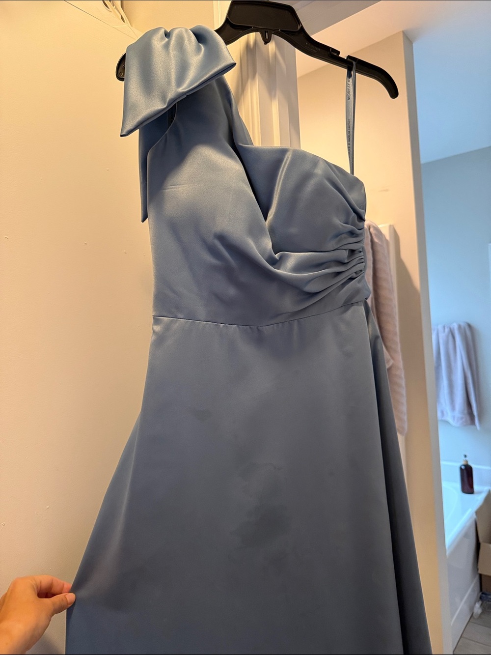 Mori Lee Dusty Blue One-Shoulder Satin Dress with Shoulder Bow